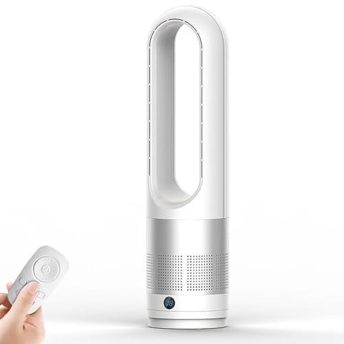 XRSMOU Cooling and Heating Fan,Bladeless Tower Fan,Space Heater,with 80° Oscillating,8 Speeds,8h Timer,LED Display,for Home (White Silver 18inch)