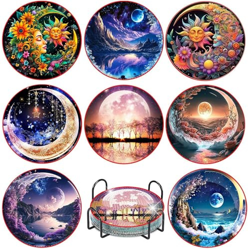 Diamond Painting Posavasos, 8 Piezas Posavasos de Pintura de Diamante con Soporte, DIY Paisaje Arte de Manualidades con Soporte, Reutilizables, Redondos, para Tazas, Copas de Vino, Bar, Restaurante