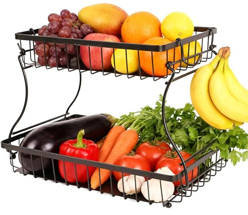 ZHABAYEN 2 Tier Fruit Bowl with Banana Hanger, Detachable Fruit Basket, Vegetable Rack, Kitchen Countertop Organizer for Vegetables, Snacks, Metal Vegetable Storage Rack with Banana Holder(Black)