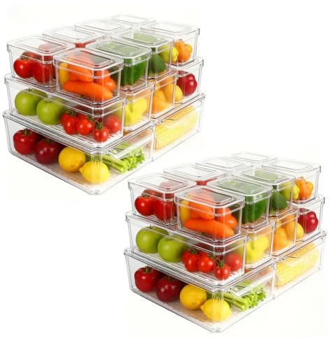 Set of 28 Fridge Organizers with Lids 3Sizes Clear Stackable Refrigerator Storage Bins with Drain Holes BPA-Free Plastic Food Containers for Fruits Vegetables Pantry Kitchen Cabinet Organization