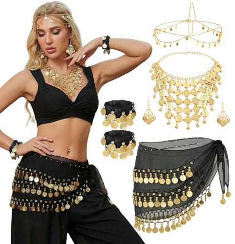 HarnyLoom 6 Stück Bauchtanz Accessoires Damen, Bauchtanz Hüfttuch, Ohrringe, Halskette, Armbänder und kopfschmuck, Bauchtänzerin Kostüm Damen für Karneval Mottoparty, Belly Dance Costume