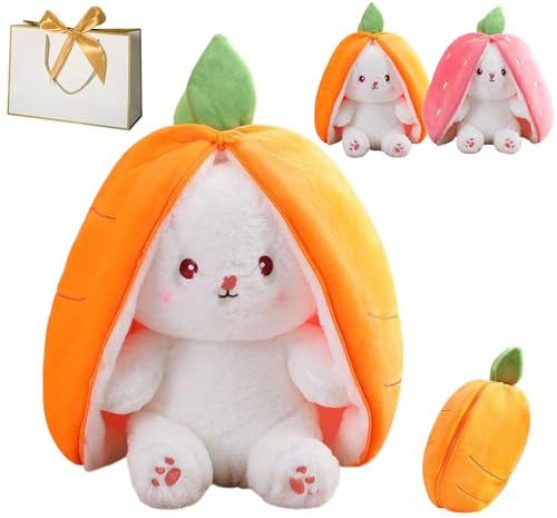 Snrtevu Erdbeerhäschen verwandelt Sich in Häschen Fruchtpuppe Plüschtier, Karotte Kaninchen Plüsch Puppe mit Reißverschluss, Versteckspiel Ostergeschenke, Mädchen Kinder Geburtstag Geschenk (B, 25CM)