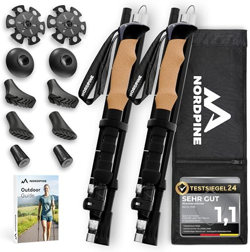 Wanderstöcke faltbar - Carbon & Aluminium für Damen & Herren - Ultraleichte Trekkingstöcke mit Korkgriff & Wolframspitze - Nordic Walking Stöcke mit Gummipuffer (Aluminum 100-120cm)