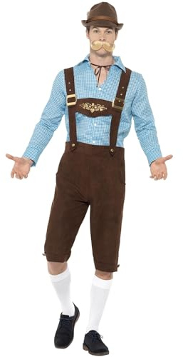 Smiffys Beer Fest Costume, Blue & Brown with Shirt & Mock Suede Lederhosen, Oktoberfest Fancy Dress, Adult Dress Up Costumes