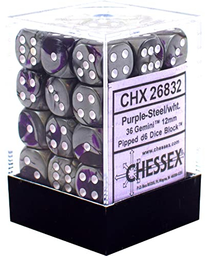 Chessex Gemini 12mm d6 Dice Blocks with pips Dice Blocks (36 Dice) - Purple-Steel w/White