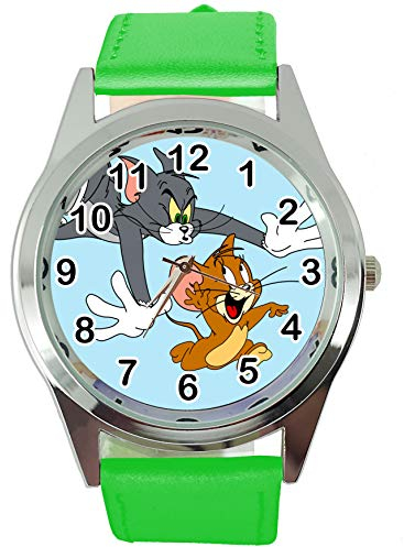 Taport® Tom und Jerry Quarz-Armbanduhr, rund, SCI FI, echtes Lederband, inklusive Ersatzakku und Geschenkbeutel, Grün