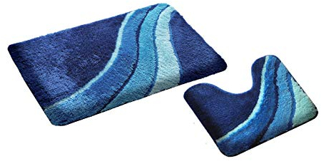 GOODWAY 2 Teiliges Badematten Set, Badteppich, Badvorleger Kiel blau mit Ausschnitt │ Mikrofaser, rutschhemmend, waschmaschinenfest