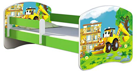 ACMA Kinderbett Jugendbett mit Einer Schublade und Matratze Grün mit Rausfallschutz Lattenrost II 140x70 160x80 180x80 (20 Bagger, 160x80)