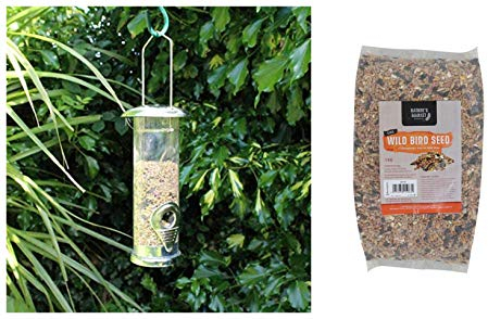 garden mile® Deluxe Kleine Vogelfutterstation aus Edelstahl mit 1 kg Beutel Vogelfutter Samen hängende Vögel Nüsse Samen Vogelfutterhaus Outdoor Garten Terrasse Wildvögel Tierfutter