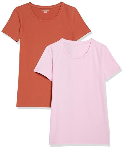 Amazon Essentials T-Shirt Ras-Du-Cou à Manches Courtes, Coupe Standard Femme, Lot de 2, Rose Clair/Terracota, L
