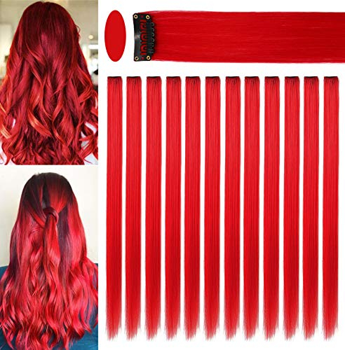 Fcysws 12Pcs Farbige Haarverlängerungen Clip, 21inch Hitzebeständig Synthetisch Glatt Haar für Frauen und Mädchen, Geschenk, Rot Haarsträhnen, Party-Highlights, Clip-in-Haarteil (Rot)