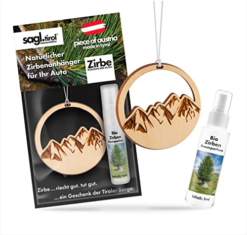 sagl.tirol Auto Duft aus Zirben Holz [100% Bio] inkl. Zirben Raum Parfüm 5ml I verschiedene Motive I natürlicher Auto Duftbaum I Auto Duft Innenraum I Auto Lufterfrischer I Autoduft I Berglandschaft