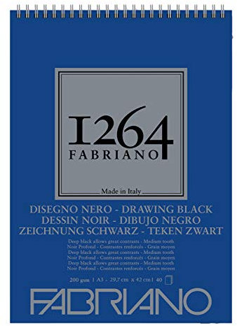 Honsell 19100651 - Fabriano Disegno Nero Zeichenblock mit Spiralbindung 1264, 200 g/qm, DIN A3, 40 Blatt schwarzes, satiniertes Papier mit mittlerer Körnung, säurefrei, für alle Trockentechniken