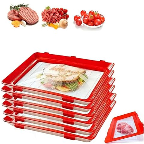 Amini Frischhaltebox Frischhaltedosen für Wurst Creative Food Preservation Tray Vakuum Frische Aufbewahrung Tablett Mit Elastischen Film Schnalle Dichtung Vorratsbehälter Set Küchenhelfer (6pcs)