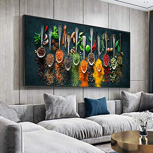 Peintures sur toile de cuisine pour décoration murale d'herbes et d'épices pour la cuisine, affiches et impressions artistiques pour la maison, 35 x 70 cm, avec cadre
