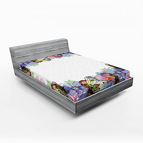 ABAKUHAUS Blumen Spannbetttuch, Pastell Zarte Schmetterlinge, Soft Dekorativer Stoff Bettwäsche Rund-um Elastischer Gummizug, 180 cm x 200 cm, Mehrfarbig
