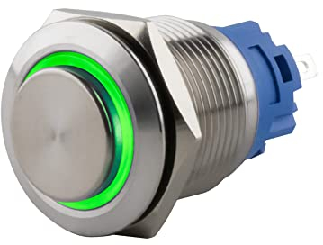 SeKi Pulsador de acero inoxidable de 19 mm de diámetro, forma de cabeza sobresaliente, anillo LED iluminado de colores en ojales de soldadura verdes/conector plano de 0,5 x 2,8; pulsador de timbre