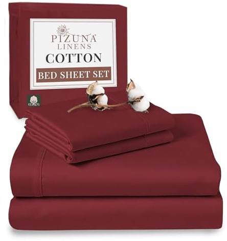 Pizuna 100% Cotton King Size Sheet Set Rio Red, 400 Thead Count Long Staple Cotton Bedding Set 275x280 cm, Soft Sateen 4 PC King Bed Sheet Set -Fitted Sheet, Flat Sheet & 2 Pillowcases