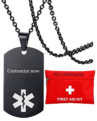 KBNSUIAN Collar con colgante de alerta médica para diabetes tipo 1 y 2, personalizable, Acero inoxidable