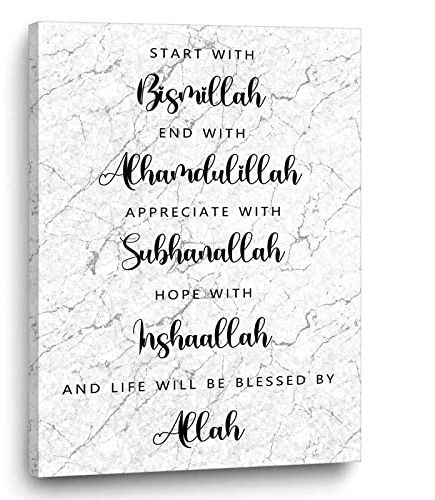 Kunstdruck auf Leinwand, schwarzer Marmor, Beginn mit Bismillah-Ende mit Alhamdulillah, Wandkunst für Büro, Schlafzimmer, Dekoration, Inshallah-Wanddekoration, islamische Zitate, Poster, Drucke für