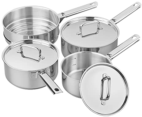Tala Performance 3 Piece Stainless Steel Cookware Set with Free Long Handled Multi Steamer. 16cm, 18cm and 20cm Saucepans with Superior Grade Stainless Steel Lids, Ideal for All hob Types