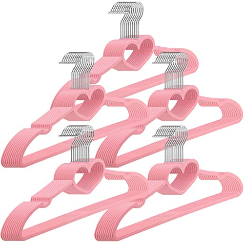 Lot de 50 cintres Mignons en Forme de cœur avec Crochet pivotant à 360 degrés pour vêtements Adultes pour Vestes, Pantalons, Chemises, Costumes, Robes et placards (Rose, Plastique)