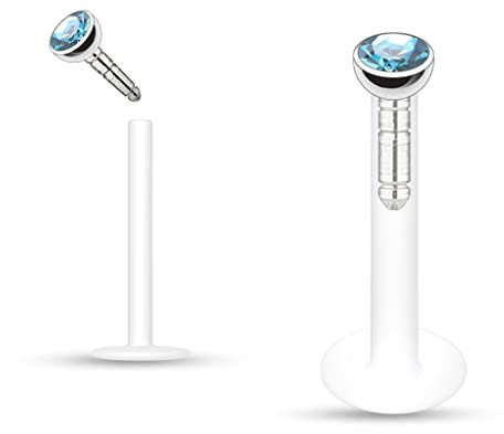 Monroe - Bioflex 1,2 mm Lippenpiercing mit Kristall FARBWAHL Push In Labret Stud (Türkis)