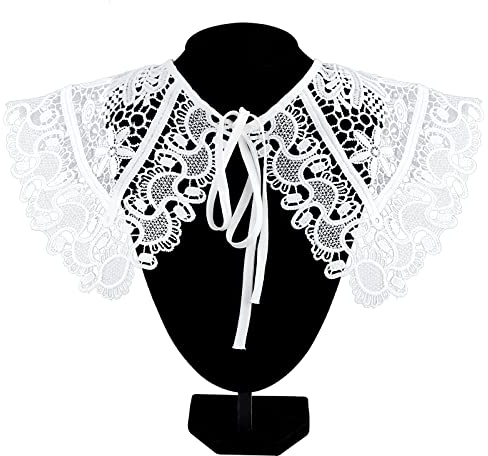 GORGECRAFT Stickerei-Spitze Falscher Kragen Ausgehöhltes Design Weißer Abnehmbarer Falscher Kragen Mit Langem Bindestreifen Blumenspitze Umhang Ausschnitt Besatz Für Damen Hemd Bekleidungszubehör