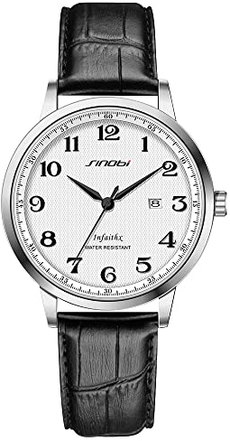 SINOBI Klassisches Geschäft Herrenuhren Arabische Ziffern Easy Reader Armbanduhren für Männer mit Kalenderdatum Wasserdicht (Silver-Black-Leather)