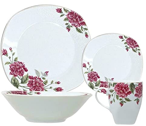 Royal 16-Piece Square Porcelain Dinner Set for 4– 4 Dinner Plates and Bowls Set with 4 Side Plates & Mugs, Microwave/Dishwasher Safe, Highly Resistant Dinnerware, Kitchen & Dining-Pink Floral Design