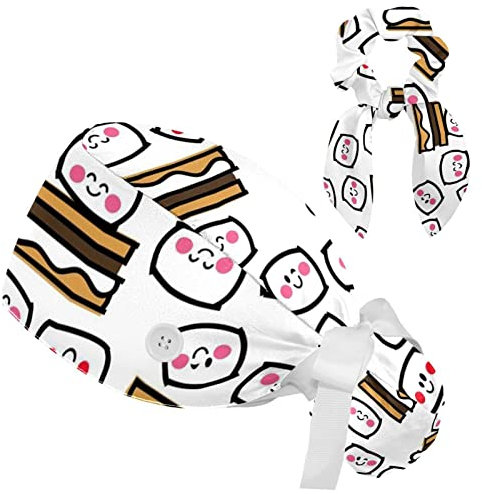 Damen Mütze Arbeitshut mit Knöpfen Kopfbedeckungen Schweißband Verstellbare Hüte Headwraps Herren,Kawaii Muster Cartoon Zuckerwatte