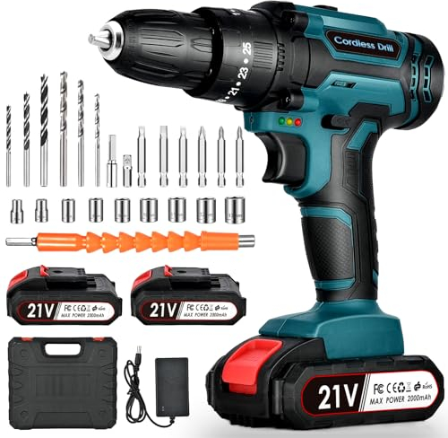 NUZEKY Cordless Drill Driver 21V: Powerful Cordless Drill Set with 2 Batteries 2.0Ah, 25+3 Torque, 24PCS Drill Bits, 2 Speed, LED Light for DIY Project