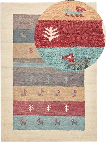 Beliani Teppich Bunt Wolle 160 x 230 cm Gabbeh Hochflor mit Muster Weich | Stoff, Geometrisches Muster, Handgetuftet, Florhöhe 1.5 cm, Rechteckig, 100% Wolle