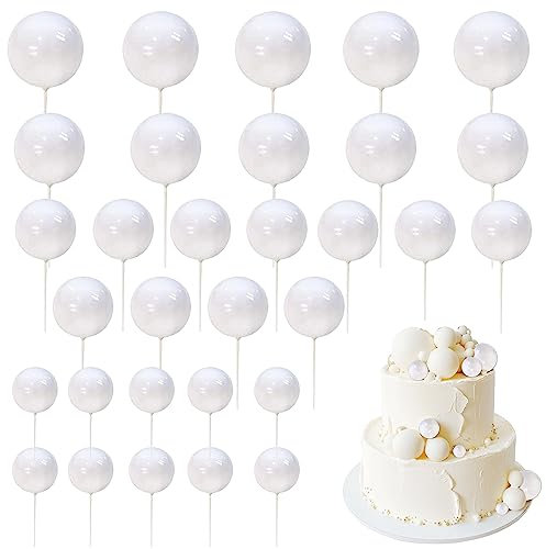24 Stück Kugeln Kuchendekorationen Ball Kuchen Picks Schaumstoff Ball Form Cupcake Topper Mini Ballons Baby Shower Kuchen Dekorationen für Hochzeit Verlobung Brautdusche Geburtstag Party Zubehör Weiß