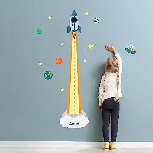 Klebekerlchen® | Personalisierte Messlatte als Wandtattoo fürs Kinderzimmer | Zum Messen der Körpergröße bis zu 160 cm | Inklusive individueller Personalisierung - Rakete