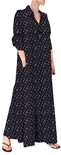 OMZIN Femmes Lin Chemise Robe Poche Robe Manches Longues Longue Robe Boutonnée Robe Décontractée Rose Bleu XL
