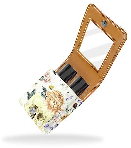 Women’s PU Leather Makeup Lipstick Case, Lipstick Case Holder with Mirror Cute Portable Makeup Travel Cases for Purse Lipstick Holder, Dahlia Vintage Skull Floral