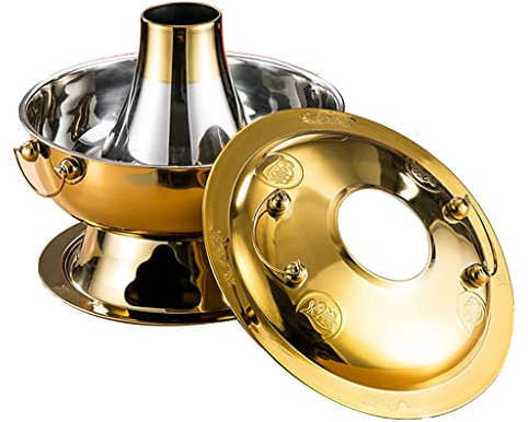 Scaldavivande Pentola in Rame Antica Pechino Carbone di Legno Rame Puro Pentola Calda Vecchio Stile per la Casa Pentola in Rame Extra Spessa Shabu Shabu per Esterni (Oro 32 cm)