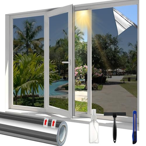 Linarun One Way Window Film Privacy, Heat Reflective Privacy Film for Glass Windows,Daytime Anti Glare Mirror Film with Adhesive, Window Tint Film Sun Blocker for Home Office (Silver, 30 * 400cm)
