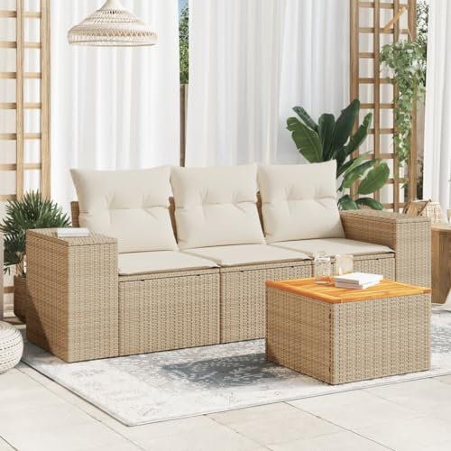 QJBSAVVA 4-TLG. Garten-Sofagarnitur, Terrassenmöbel Set Tisch Balkon Eckbankgruppe Gartenlounge Geeignet für Garten Balkon Wenig Platz Außen mit Kissen Beige Poly Rattan