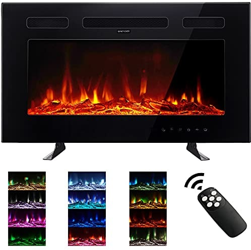 M.C.Haus Camino Elettrico Ultra sottile, Silenzioso, 12 Diverse Fiamme, Montaggio a Parete a Incasso, Touchscreen in Vetro e Telecomando, con Cristallo e Tronco di Legno(76,2cm/30inch, Nero)