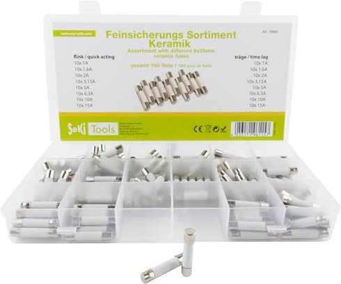 SeKi Lot de 160 fusibles en céramique - 6 x 30 assortis - 160 pièces - 16 types - 8 fusibles rapides + 8 fusibles temporisés 1 A, 1,6 A, 2 A, 3,15 A, 5 A, 6,3 A, 10 A et 15 A - Fusible tubulaire en