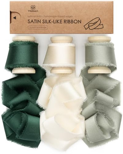 Vitalizart Satin Geschenkband Dunkelgrün & Creme & Staubgrün 2,5 cm x 13,7 m Hölzerne Spule, Handgefertigtes Ausgefranstes Seidenband für Geschenk Verpacken Hochzeit Brautsträuße Urlaub Dekor