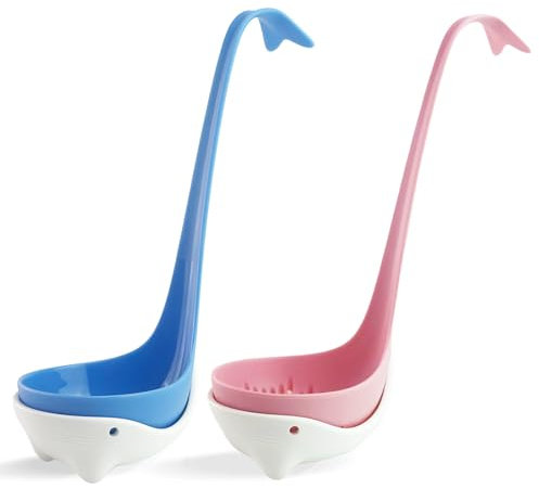 Pack of 2 Whale Soup Ladle and Colander Spoon for Kitchen Cooking, Serving Soup, Mixing, Stirring, Blue Soup Ladle and Pink Colander (Blue-Pink)