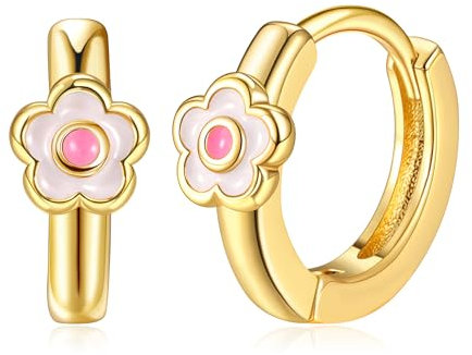 FANCH Creolen für Damen Mädchen 18K Vergoldet Daisy Creolen Ohrringe Kleiner Knorpel Gold Ohrring Leichte Hypoallergene Dasiy Blume Huggie Creolen für Alle Altersgruppen Rosa