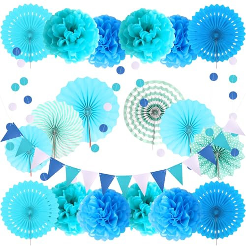 LHOEST 20 Stück Party Deko Blau Pompons Deko zum Hängen Deko Geburtstag Girlande Junge Kinder Blau Papierblumen Deko Wand Fenster Wabenbälle Deko Fasching Karneval Dekoration Aufhängen Fächer Hochzeit