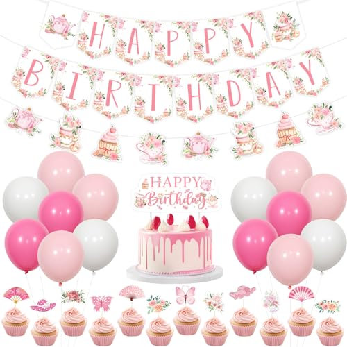 JOYMEMO Floral Tea Theme Birthday Party Decorations - Afternoon Tea Happy Birthday Banner Teapot Theme Garlands with Floral Tea Theme Cake Topper and Cupcake Toppers for Girl’s Tea Birthday Party Deco