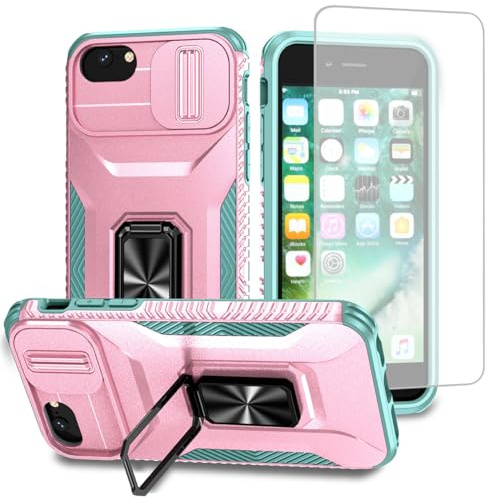 Vavies Case for iPhone SE 2022/SE 3 2022/SE 2020/iPhone 7/8/iPhone 6/6S Case with Tempered Glass Screen Protector and Slide Camera Cover, Magnetic Ring Car Holder Shockproof Cover for iPhone 8 PC Pink