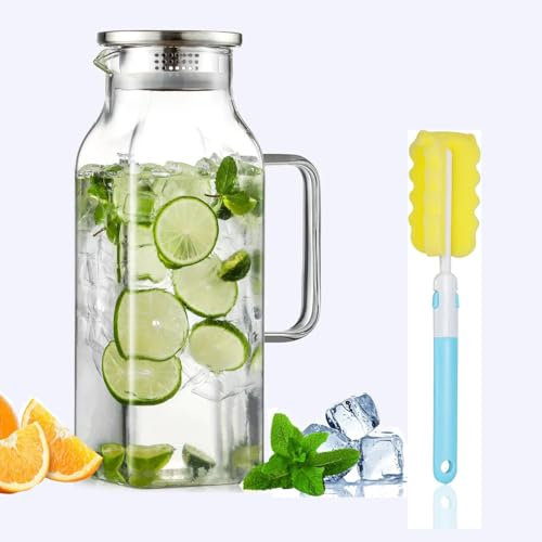 2 Quart (2 Liter 68 oz) Square Glass Pitcher,Water Pitcher with Lid and Handle, Borosilicate Glass Carafe for Hot/Cold Water, Iced Coffee, Juice, Tea, Milk and Homemade Beverage(Including brushes)
