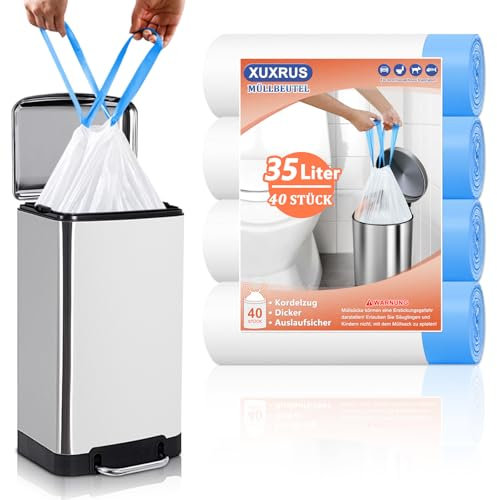 XUXRUS Müllbeutel 35L mit Zugband Müllsack Blickdicht Mülltüten Reißfeste Abfallbeutel mit Kordelzug,Weiß 40 Stück